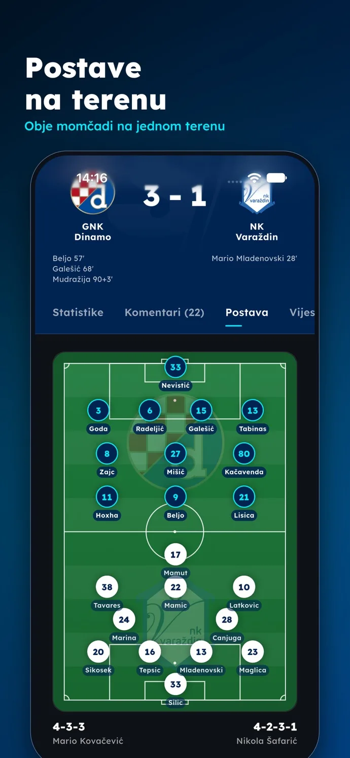 GNK Dinamo aplikacija — Postave na terenu